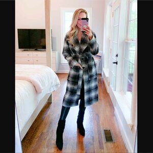 Halogen Coat Womens Large Black Plaid Belted Wool Blend Long Jacket Nordstrom